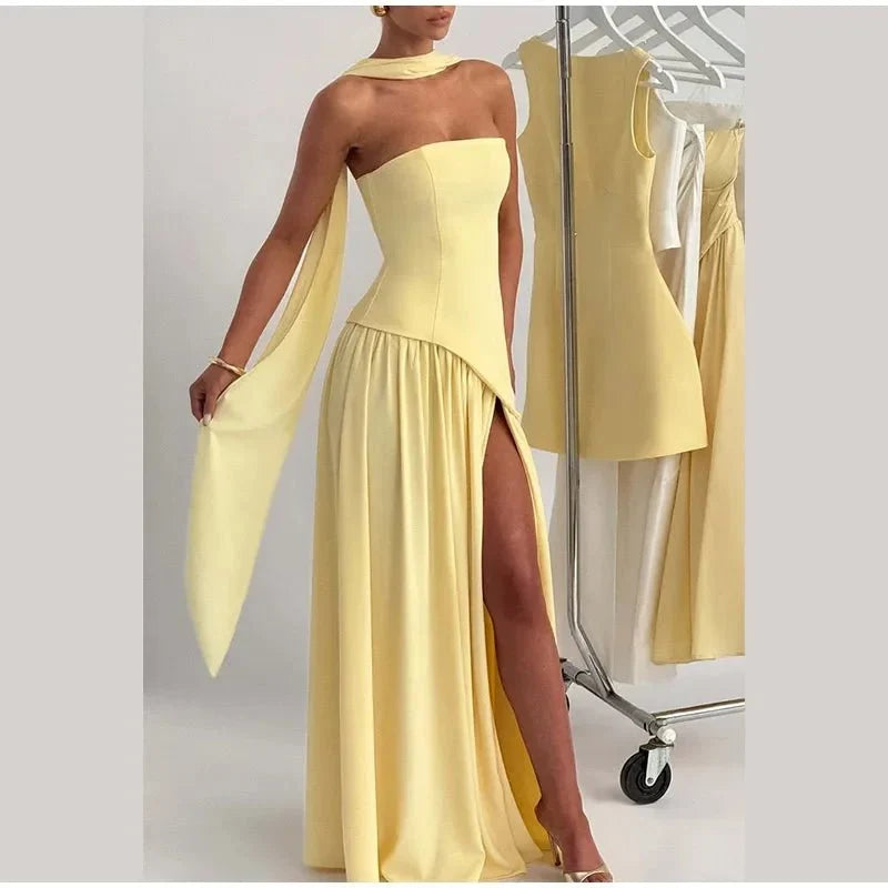 Women's Strapless Backless Maxi Dress with Ribbon Scarf - TrendLux Wear