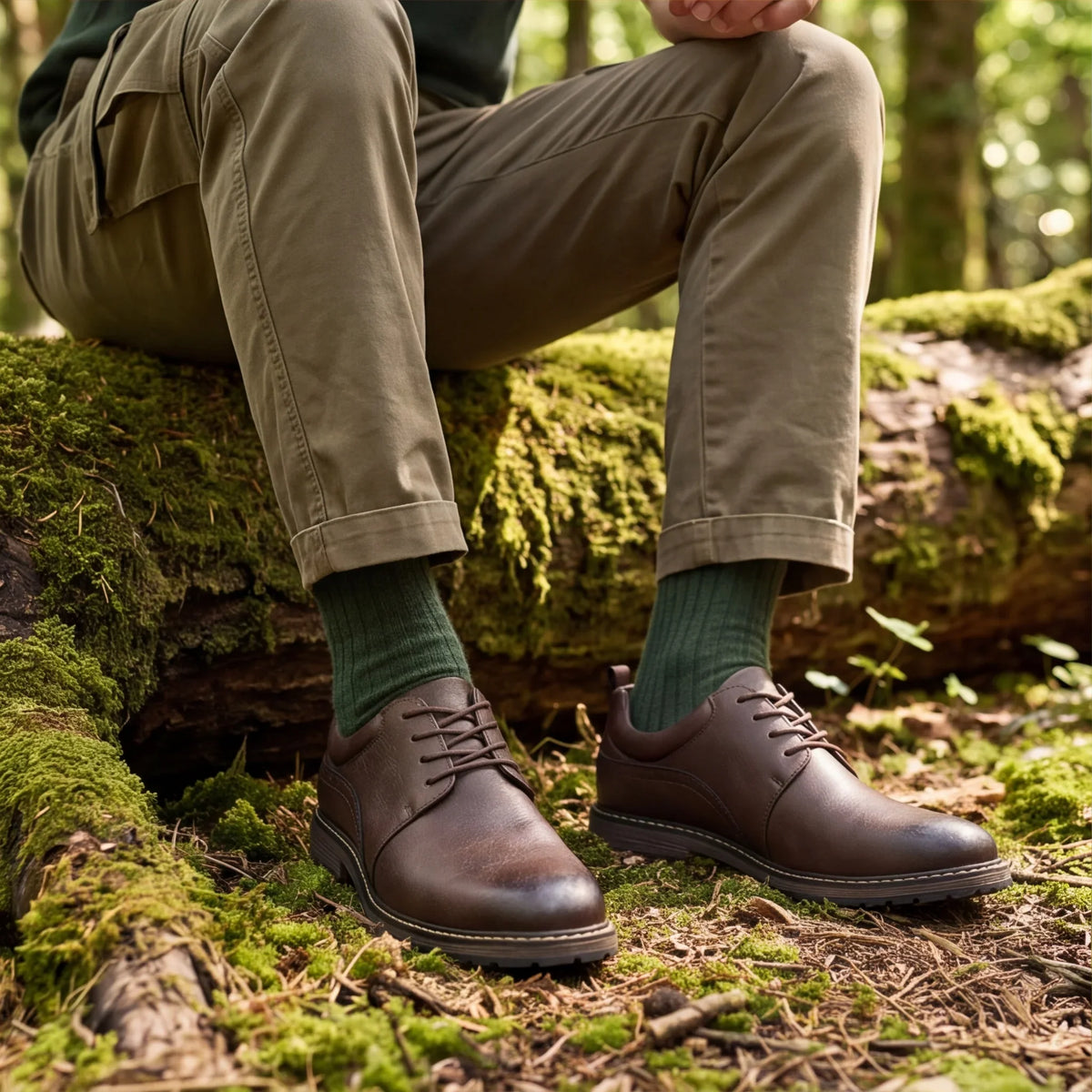 Brown leather Derby shoes with round toes, worn with green socks, styled with khaki pants in a forest setting.