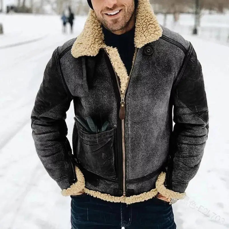 Men's Faux Leather Suede Fur-Lined Winter Jacket – Turn Down Collar Coat