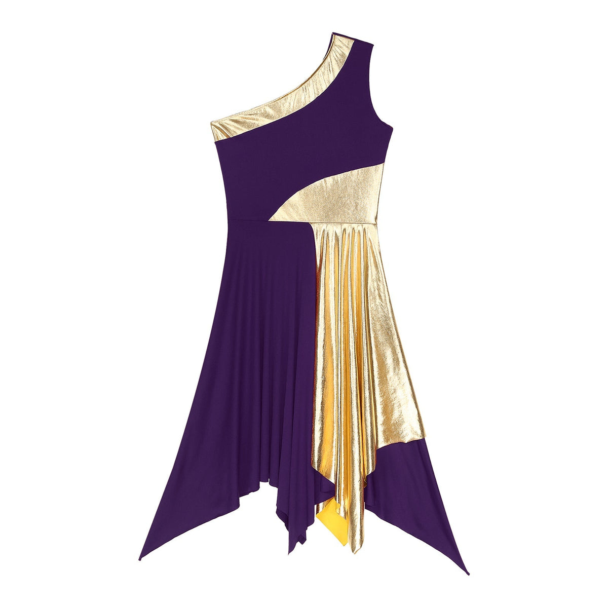 Silver one-shoulder metallic performance dancewear dress by The Glow Sanctuary, designed for stage and worship performances.