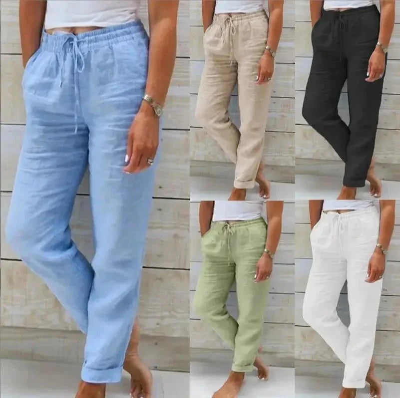 Women's cotton linen summer pants by TrendLux Wear, high waist casual trousers with a relaxed fit and breathable fabric.