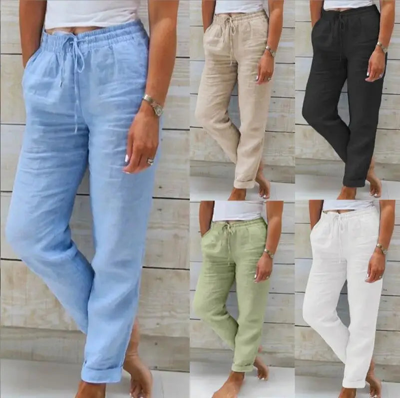 TrendLux Women's Cotton Linen Summer Pants – High Waist Casual Trousers