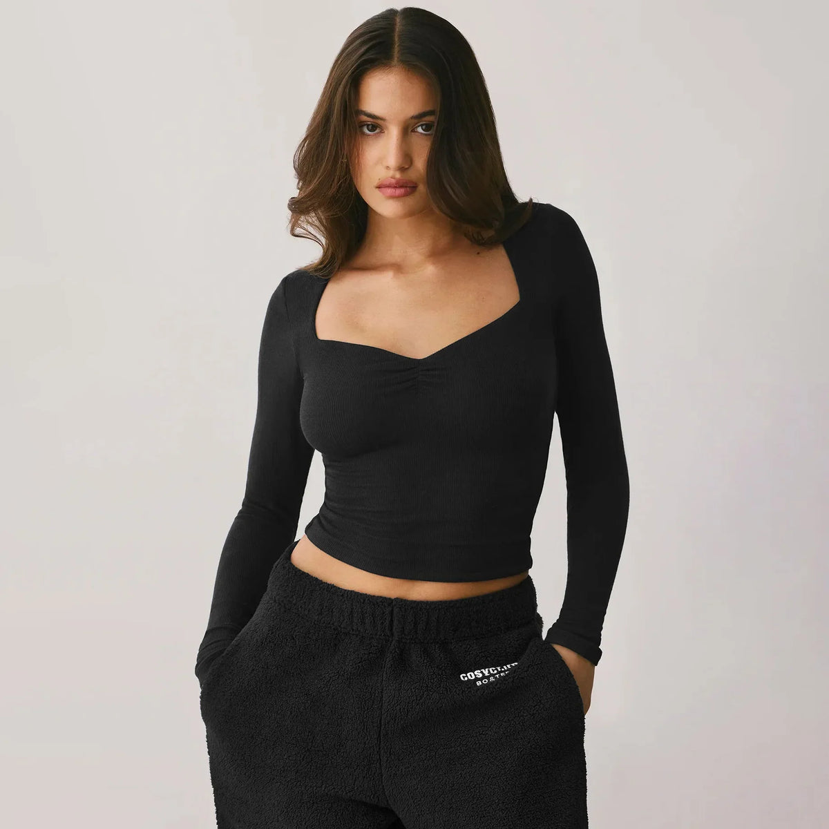 Women's Y2K square neck long-sleeve top by TrendLux Wear, slim fit viscose blend T-shirt, shown in fall winter style.