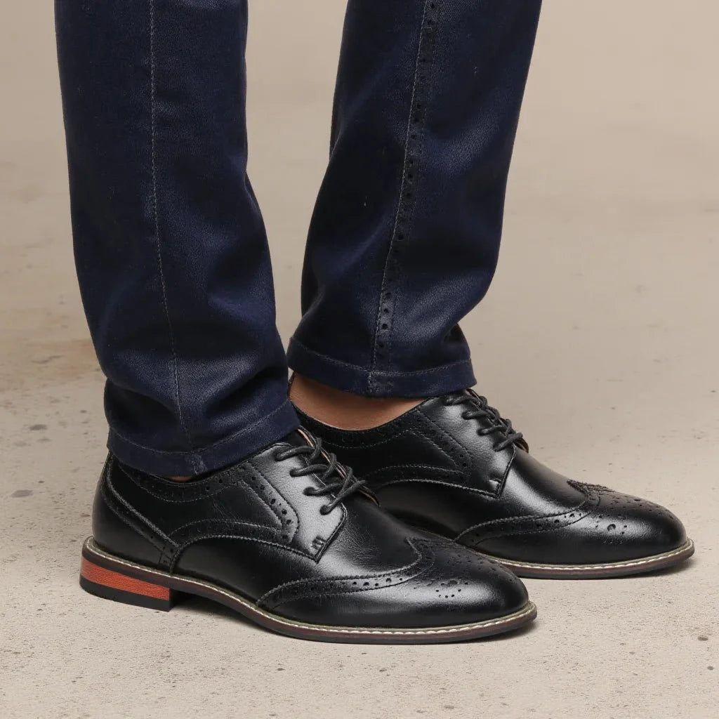Men's black and brown leather brogue dress shoes with lace-up design, formal men's business oxfords by TrendLux Wear.