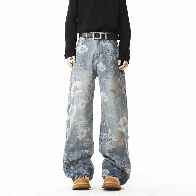 Men's retro floral print jeans by TrendLux Wear, loose wide-leg denim pants with a hip-hop style and casual fit for couples.
