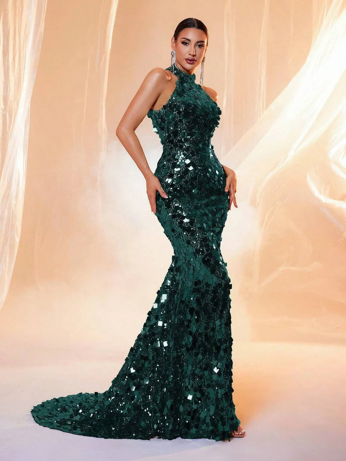 Brown Sequin Halter Backless Maxi Evening Dress - TrendLux Wear