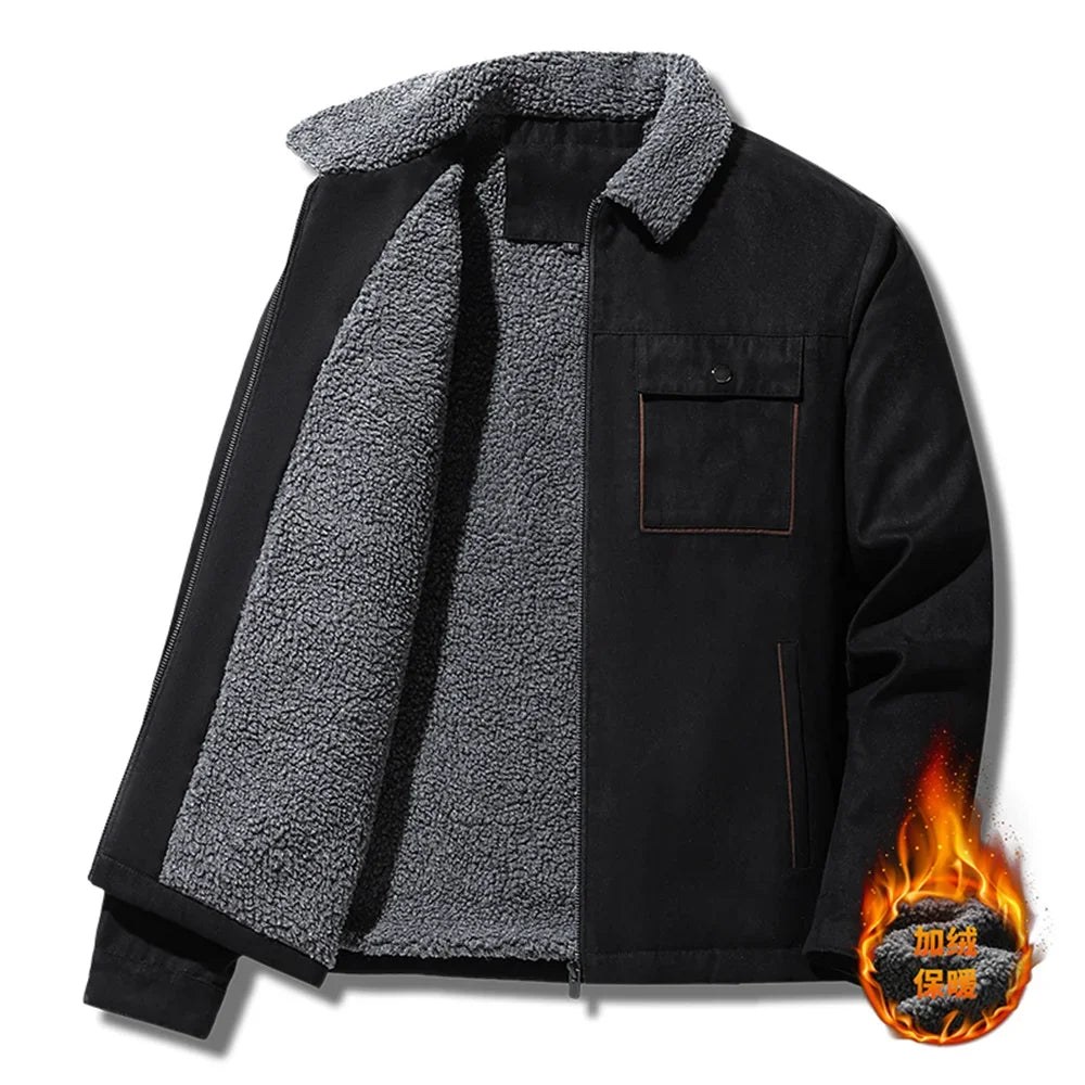 Men's fleece-lined suede workwear jacket by TrendLux Wear, windproof business casual coat with rugged style and warm fleece interior.
