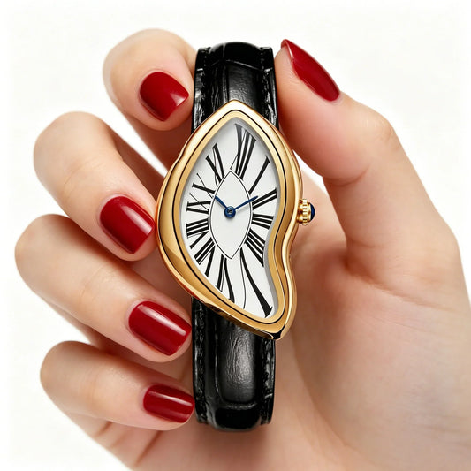 Women's Retro Y2K TrendLux Wear watch with irregular alloy case, leather strap, and quartz movement, showcasing a stylish vintage design.