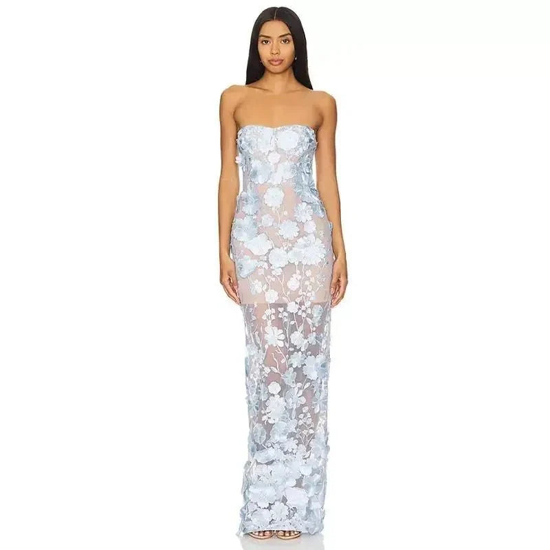 Floral Appliqué Strapless Sweetheart Evening Gown - TrendLux Wear