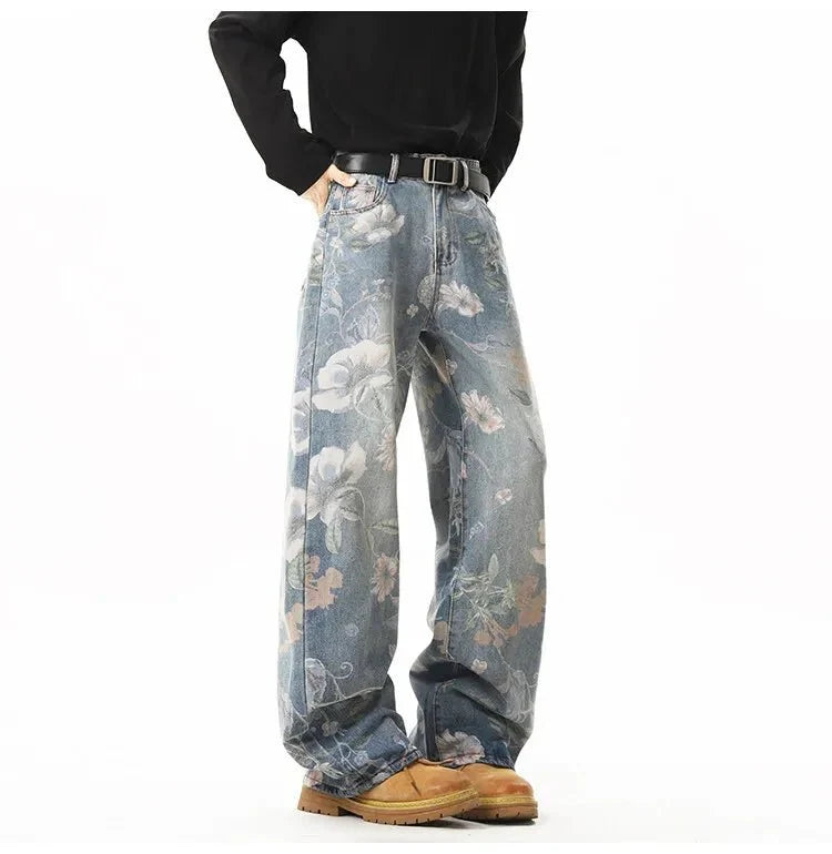 Men's retro floral print jeans by TrendLux Wear featuring loose wide-leg denim for casual, hip-hop style.