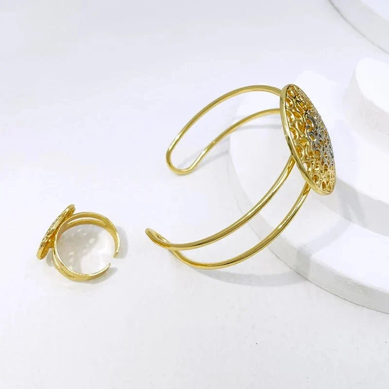 Women’s two-tone luxury jewelry set by TrendLux Wear featuring matching necklace and earrings with elegant design.
