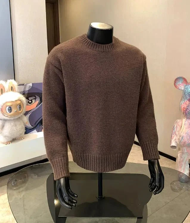 Men's cashmere-blend round neck pullover sweater by TrendLux Wear in five colors, shown in a close-up of the fabric and neckline.