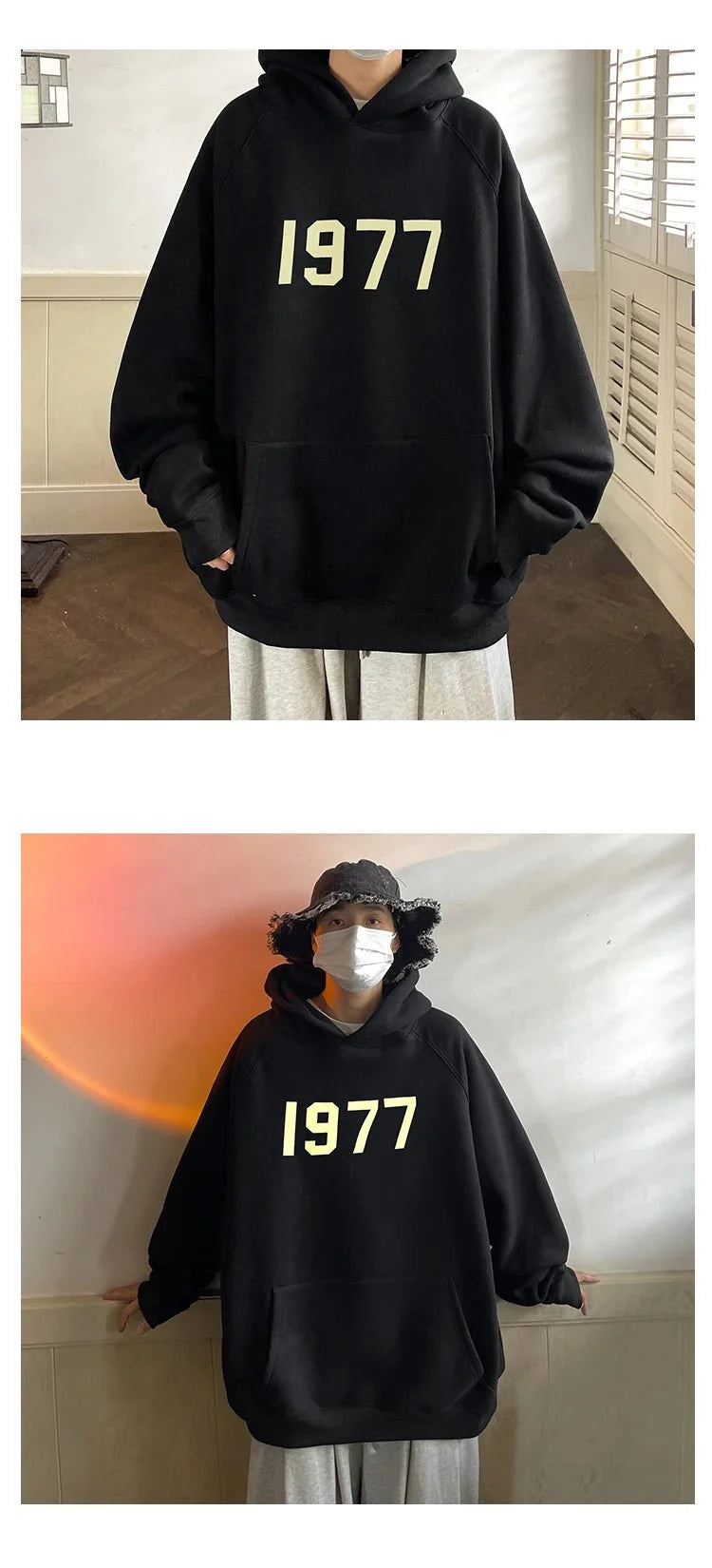 Men's printed Harajuku hoodie by TrendLux Wear featuring a loose fit, long sleeves, and colorful 1977 graphic design.