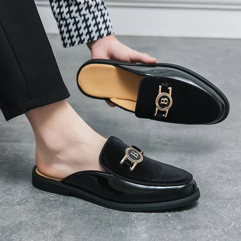Men's black faux suede slip-on mules by TrendLux Wear, breathable summer casual loafers in EU sizes 35 to 47, shown from a side angle.