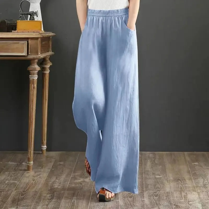 Women's linen cotton casual trousers with elastic waist and wide-leg fit, by TrendLux Wear, shown in light neutral fabric.