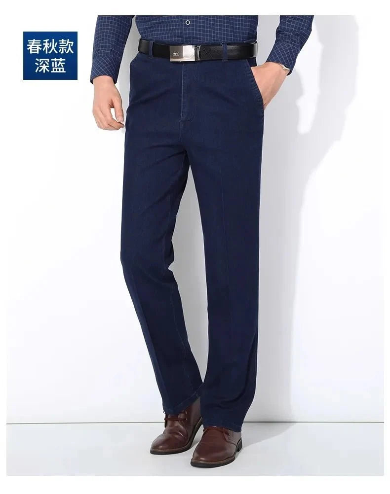 Men's high-waist straight-leg cargo jeans by TrendLux Wear, featuring an elastic waistband and classic denim style.