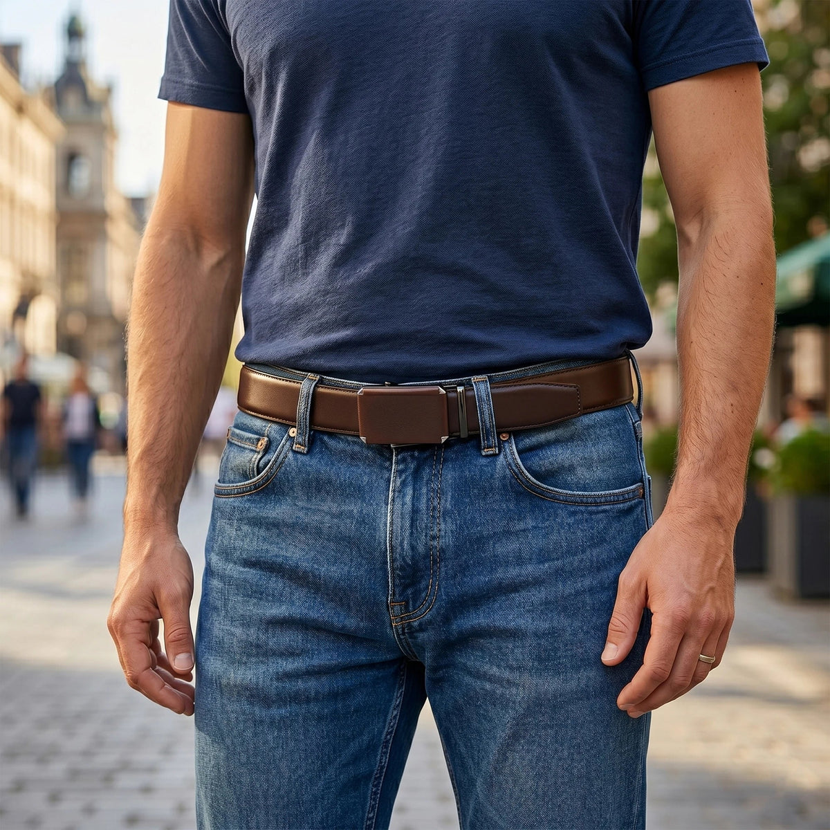 Men's leather belt with automatic buckle and adjustable waistband from TrendLux Wear, featuring a sleek design and durable construction.