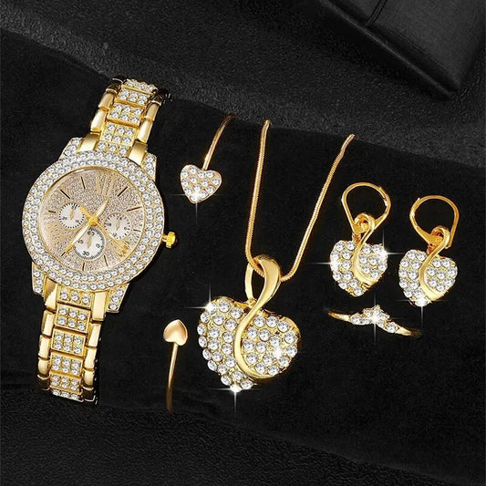 Women's rhinestone quartz watch and jewelry set by TrendLux Wear featuring a stylish watch with sparkling rhinestones and matching accessories.