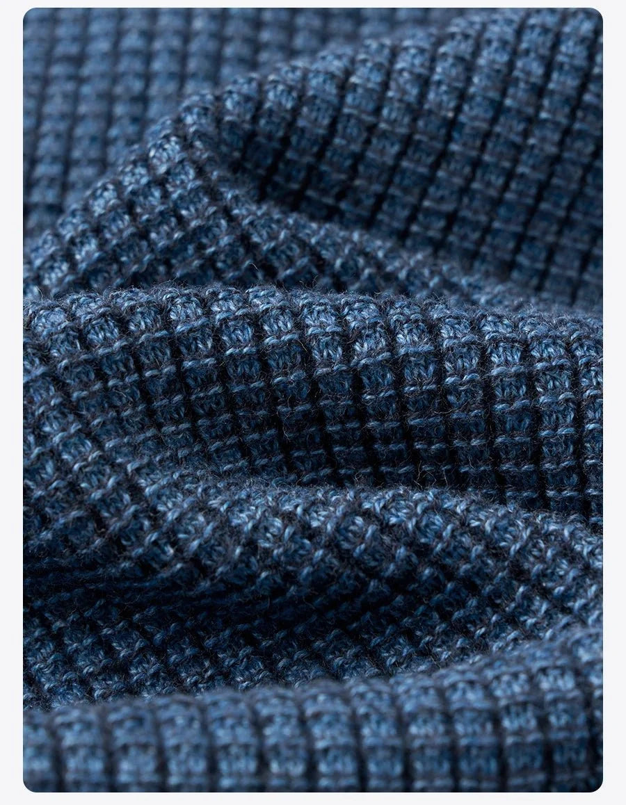 Men's oversized waffle-knit crewneck sweater in Heather Denim Blue from TrendLux Wear, featuring a casual pullover design.