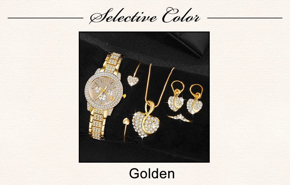 Women's Rhinestone Quartz Watch and Jewelry Set by TrendLux Wear featuring a sparkling watch with matching bracelet and earrings.