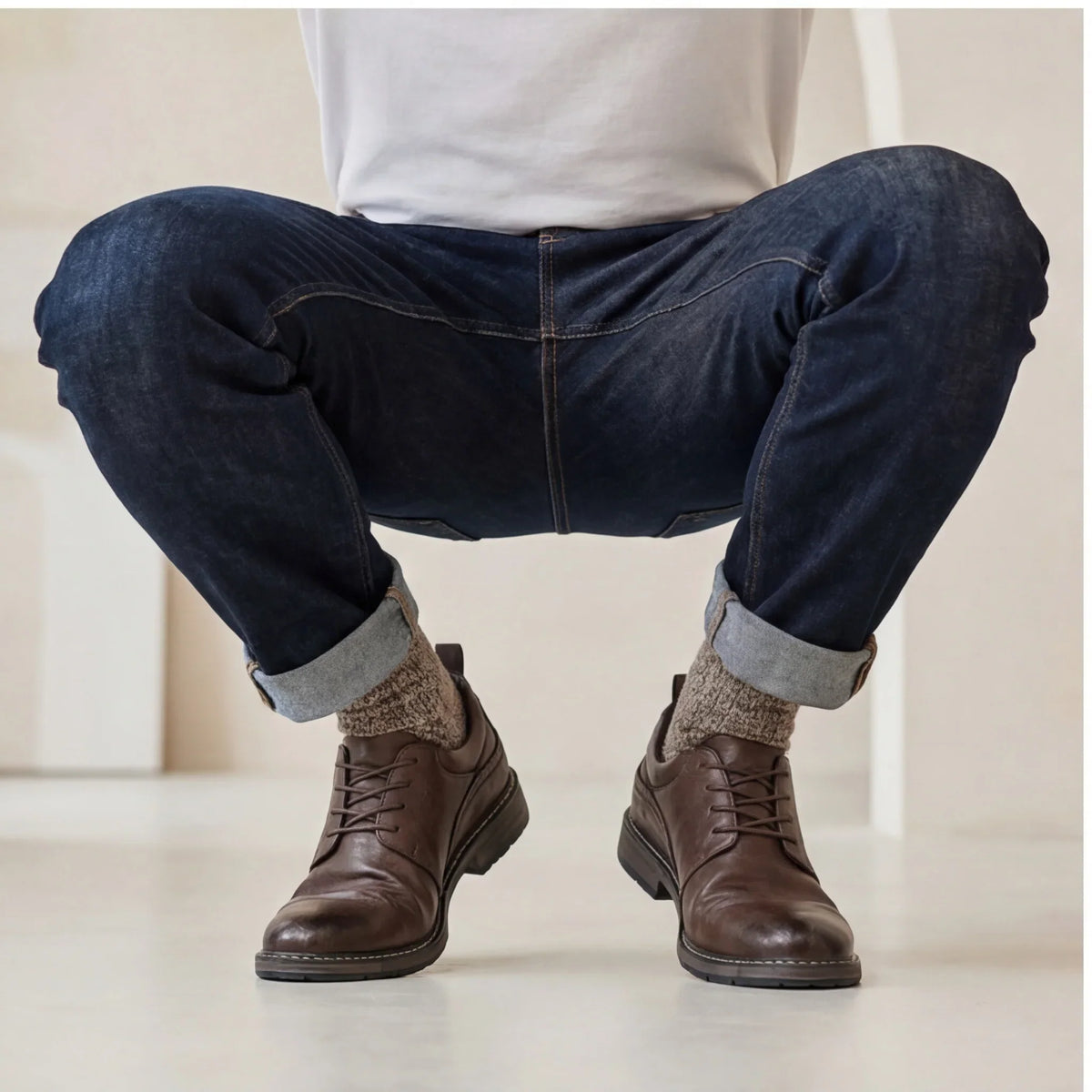 Brown leather derby shoes with a round toe, worn with rolled-up denim jeans and cozy socks.