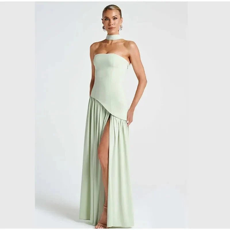 Women's Strapless Backless Maxi Dress with Ribbon Scarf - TrendLux Wear