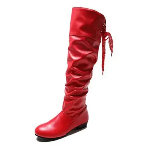 TrenLux Wear Women's Pleated Lace-Up Knee-High Boots — Low Heel, Black, White & Red, Sizes 35–43 TrenLux Wear