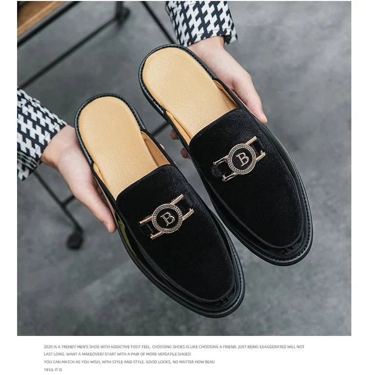 Men's black faux suede slip-on mules by TrendLux Wear, breathable summer loafers, casual flats in EU sizes 35–47.