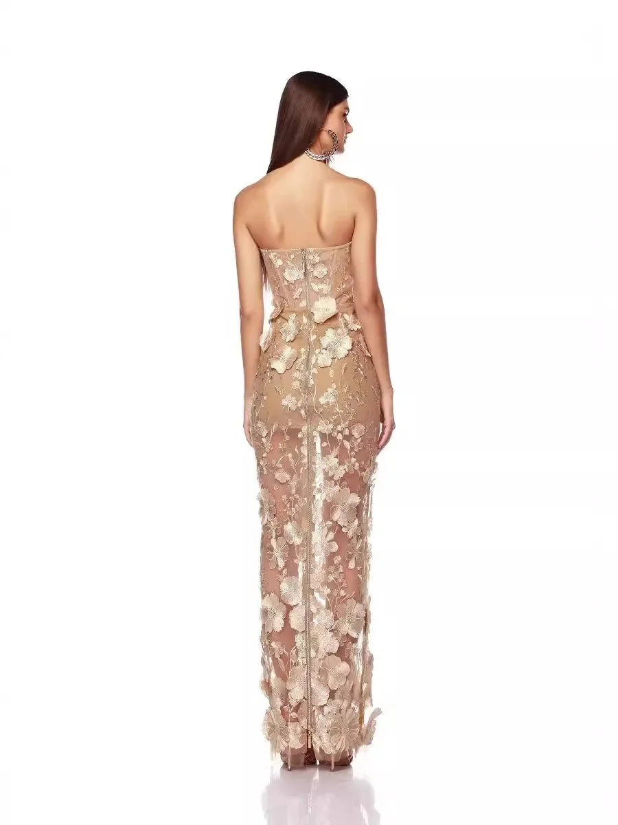 Floral Appliqué Strapless Sweetheart Evening Gown - TrendLux Wear
