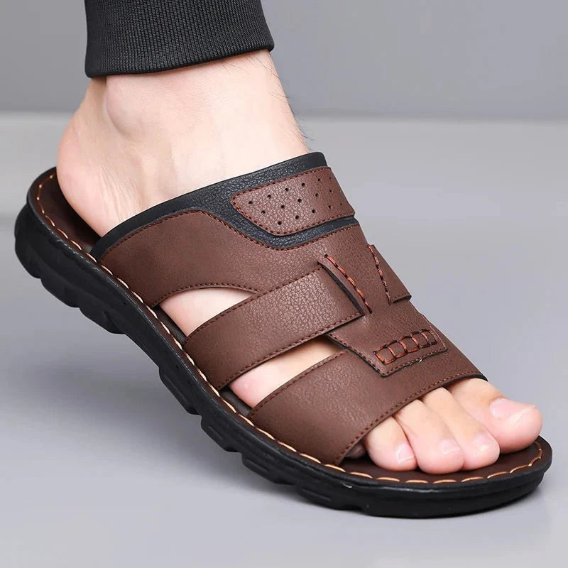 Men's handmade leather half-drag slippers by TrendLux Wear, lightweight outdoor slides in EU sizes 38–58, shown in black.