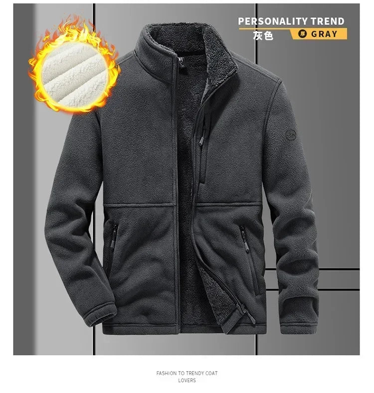 Men's fleece-lined hooded winter jacket by TrendLux Wear, zip-up casual coat in plus sizes S-6XL, front view with hood and pockets.