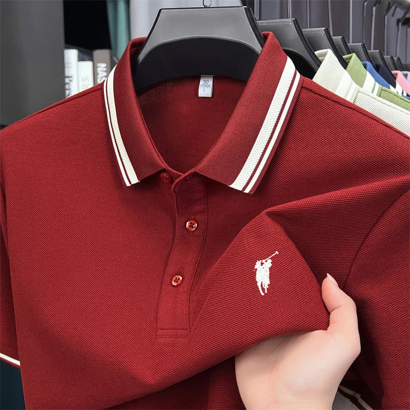 Burgundy short sleeve polo shirt for men with white striped collar and embroidered pony logo, made of breathable cotton.
