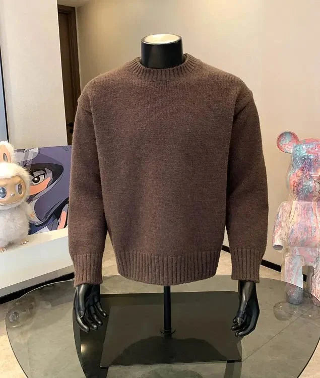 Men's cashmere-blend round neck pullover sweater by TrendLux Wear, shown in a cozy autumn winter style with five color options.