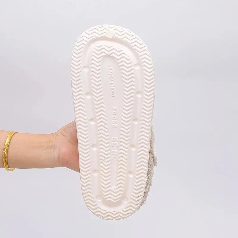 Women’s waterproof furry mule slippers by TrendLux Wear with plush EVA soles, metal buckle, non-slip indoor slide design.