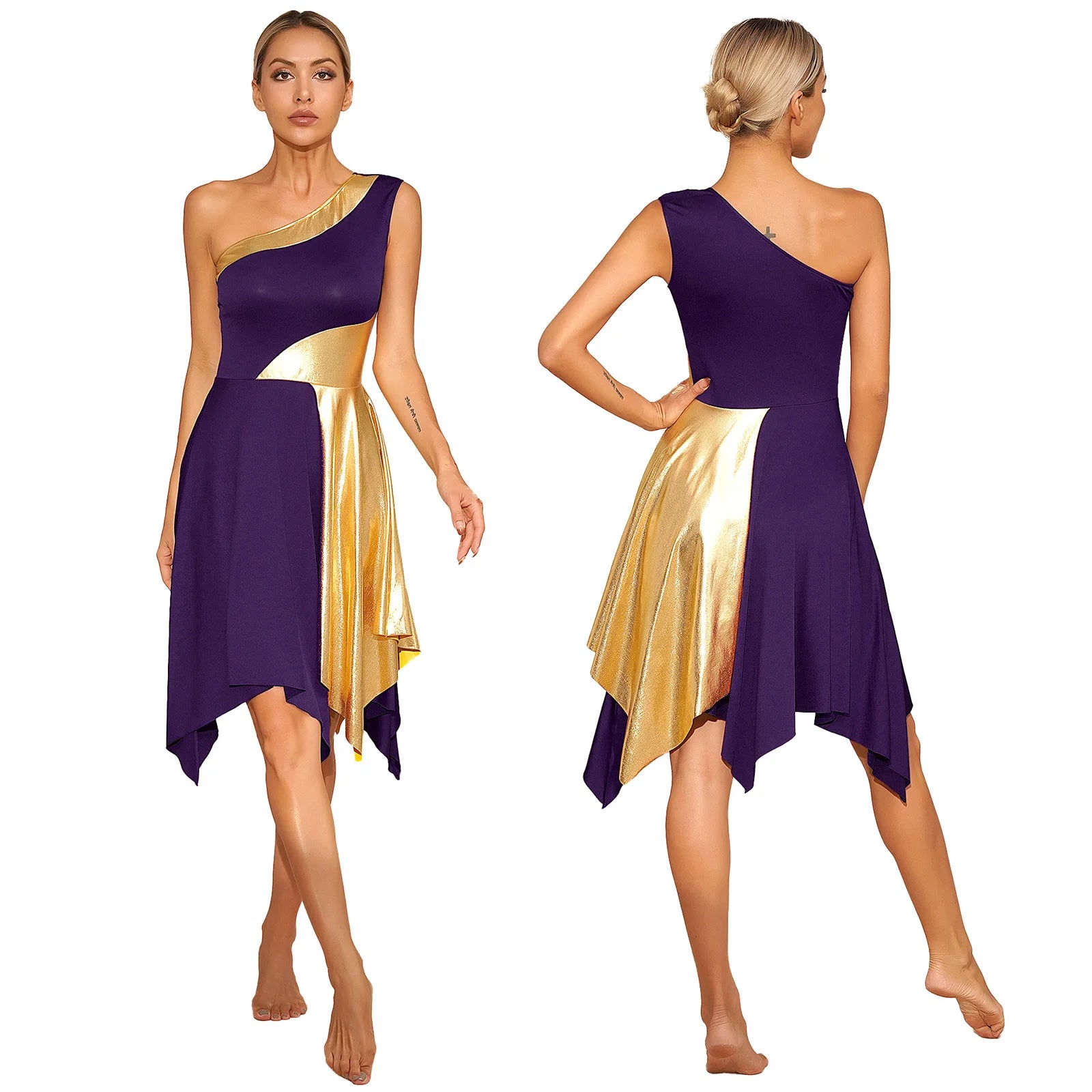 TrendLux Women's Polyester-Spandex One-Shoulder Metallic Lyrical Dance Worship Dress
