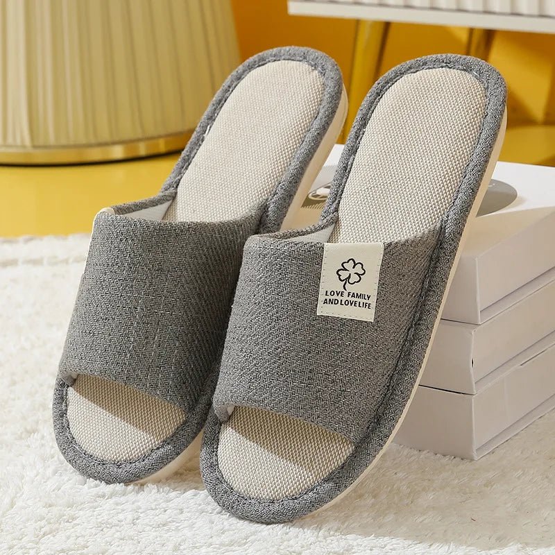 Breathable linen open-toe slippers for men and women by TrendLux Wear, ideal for spring, summer, and autumn bedroom comfort.