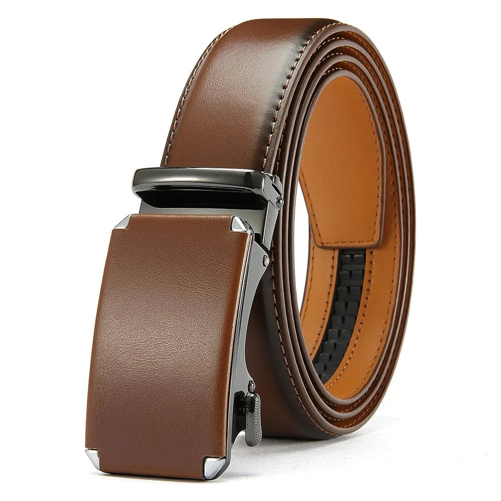 Men's leather ratchet belt with automatic buckle and adjustable waistband in black, size 105–135cm, by TrendLux Wear.