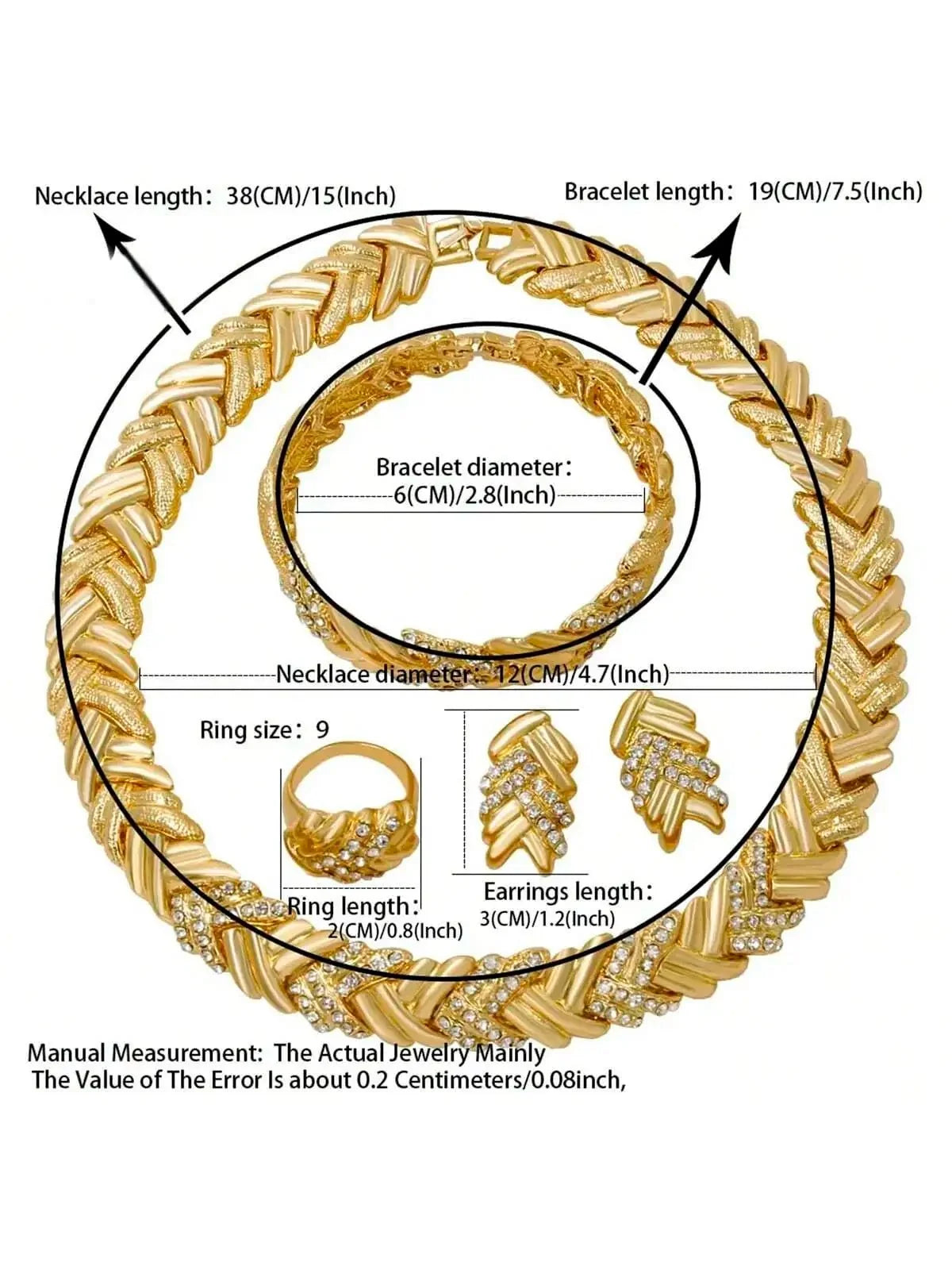 Women's Dubai 18K gold plated luxury jewelry set featuring elegant necklace, earrings, and bracelet from TrendLux Wear.