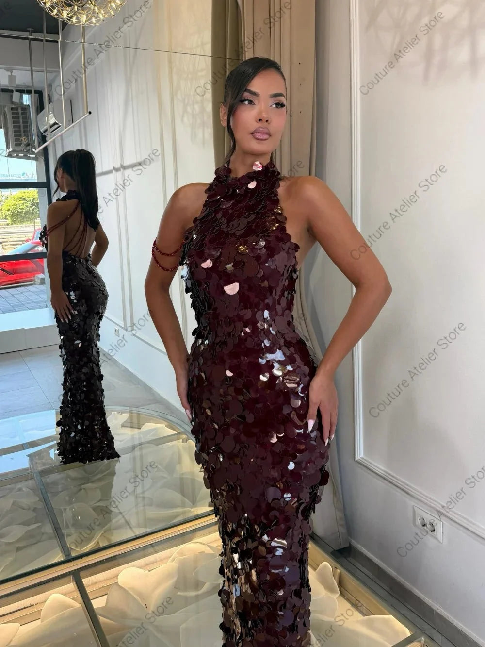 Custom Sequin Halter Mermaid Evening Dress - TrendLux Wear