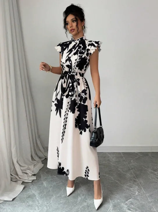 TrenLux Wear Women's Polyester Black & White Patchwork Sash Ball Gown Dress The Glow Sanctuary