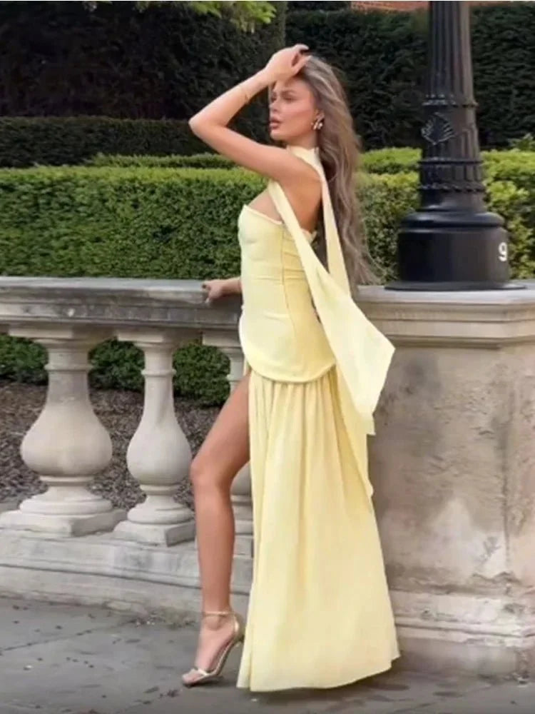 Women's Strapless Backless Maxi Dress with Ribbon Scarf - TrendLux Wear