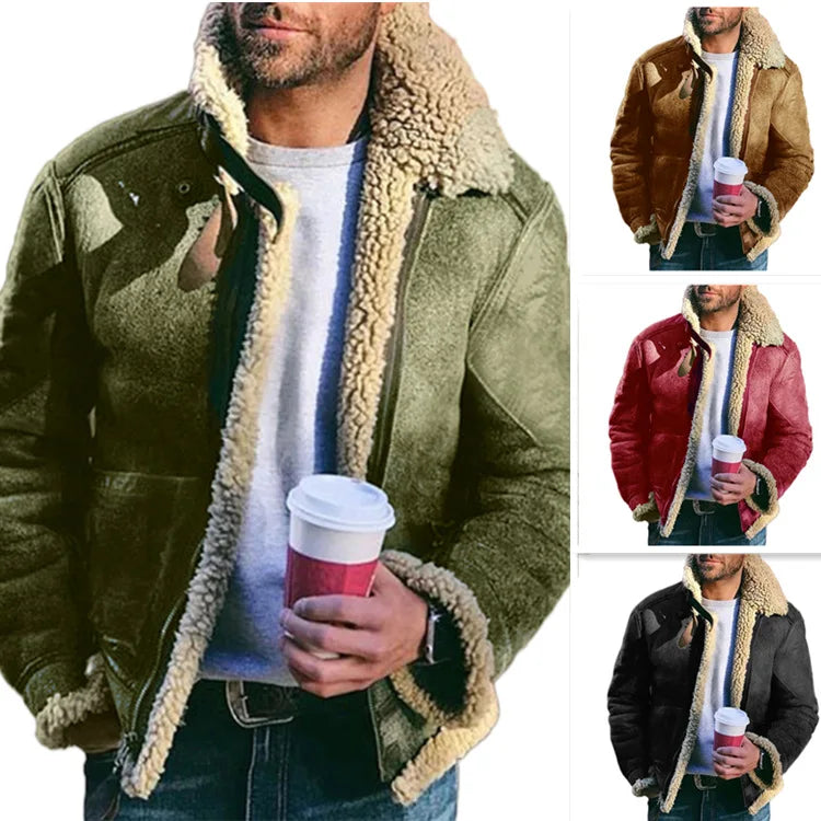 Men's Faux Leather Suede Fur-Lined Winter Jacket – Turn Down Collar Coat