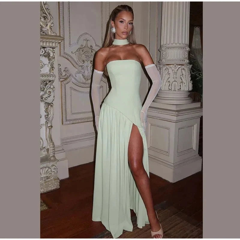 Women's Strapless Backless Maxi Dress with Ribbon Scarf - TrendLux Wear