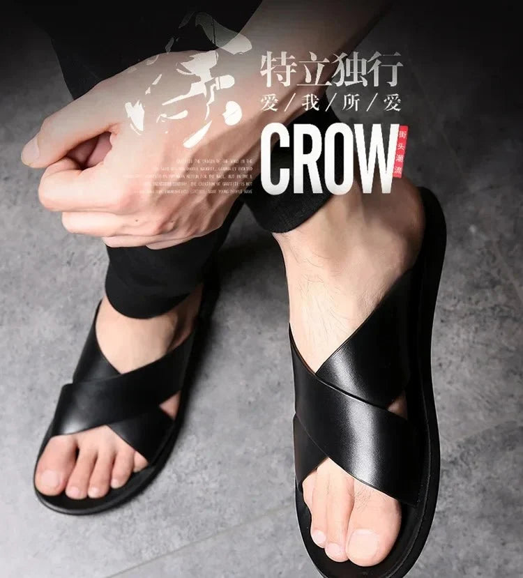 Men's genuine leather beach sandals by TrendLux Wear, casual non-slip flats in sizes EU 38–50, featuring comfortable design and smooth leather.