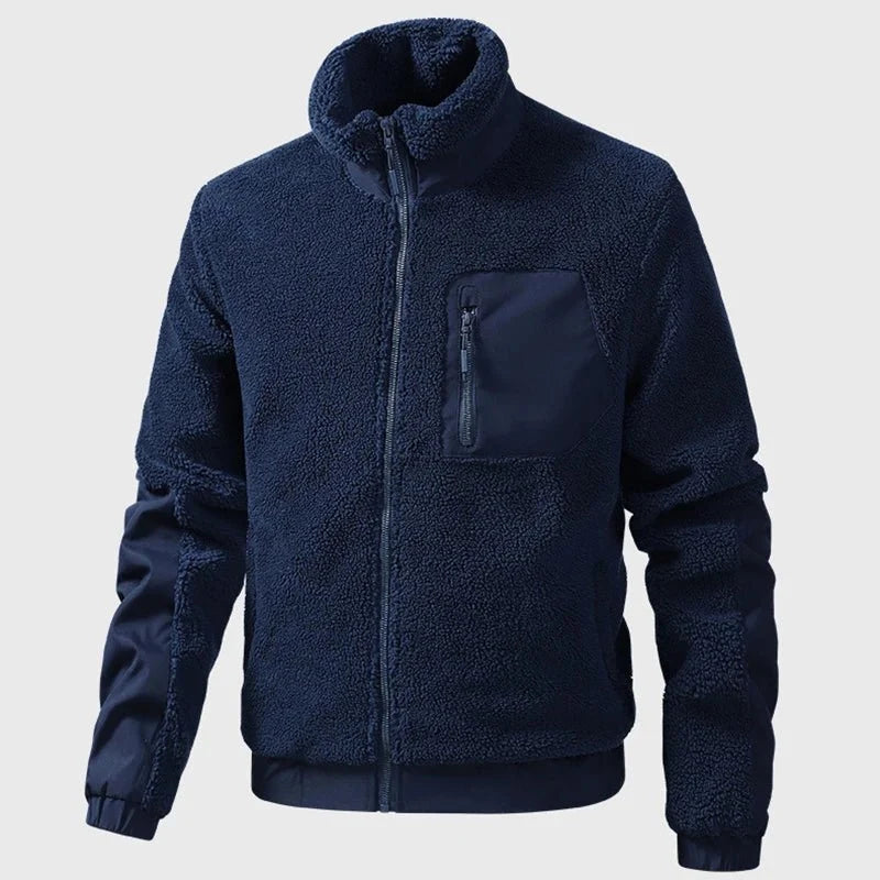 Men's vintage patchwork fleece zip-up jacket by TrendLux Wear with stand collar, streetwear coat, casual outdoor style.