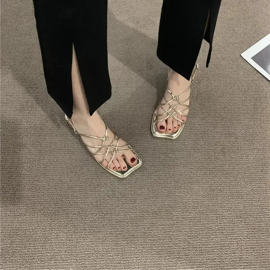 Women's PU gladiator sandals with low heels and open toes, ideal for parties and weddings, by TrendLux Wear