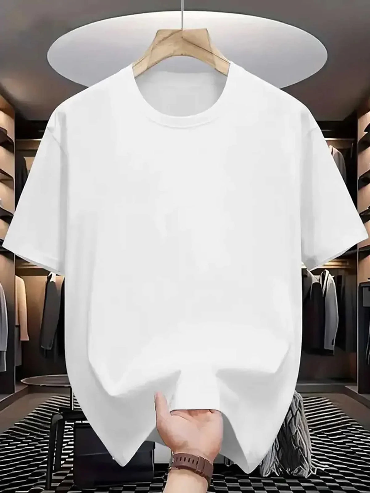 Men's TrendLux Wear crewneck T-shirt in black, red, khaki, or navy, soft breathable polyester fabric, available in S to XXL.