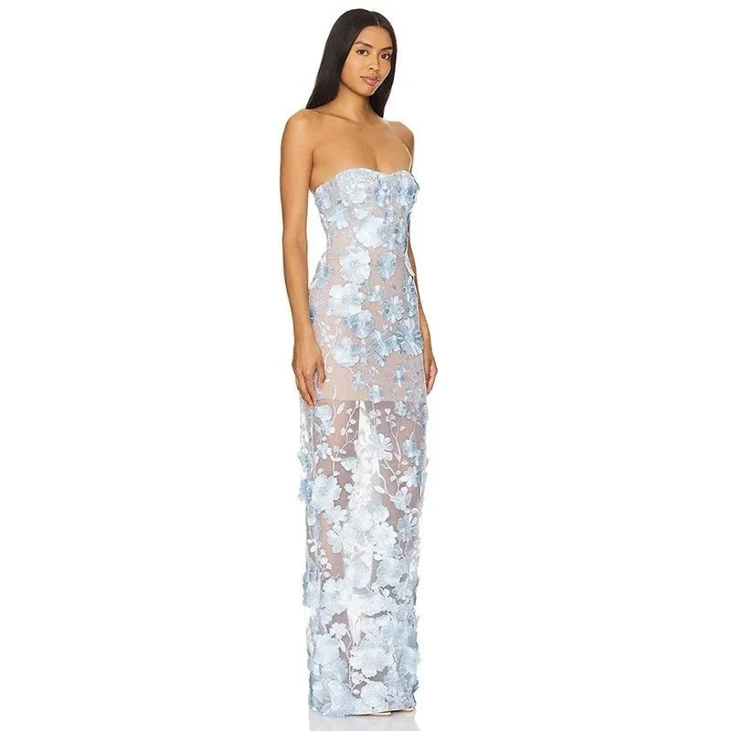 Floral Appliqué Strapless Sweetheart Evening Gown - TrendLux Wear