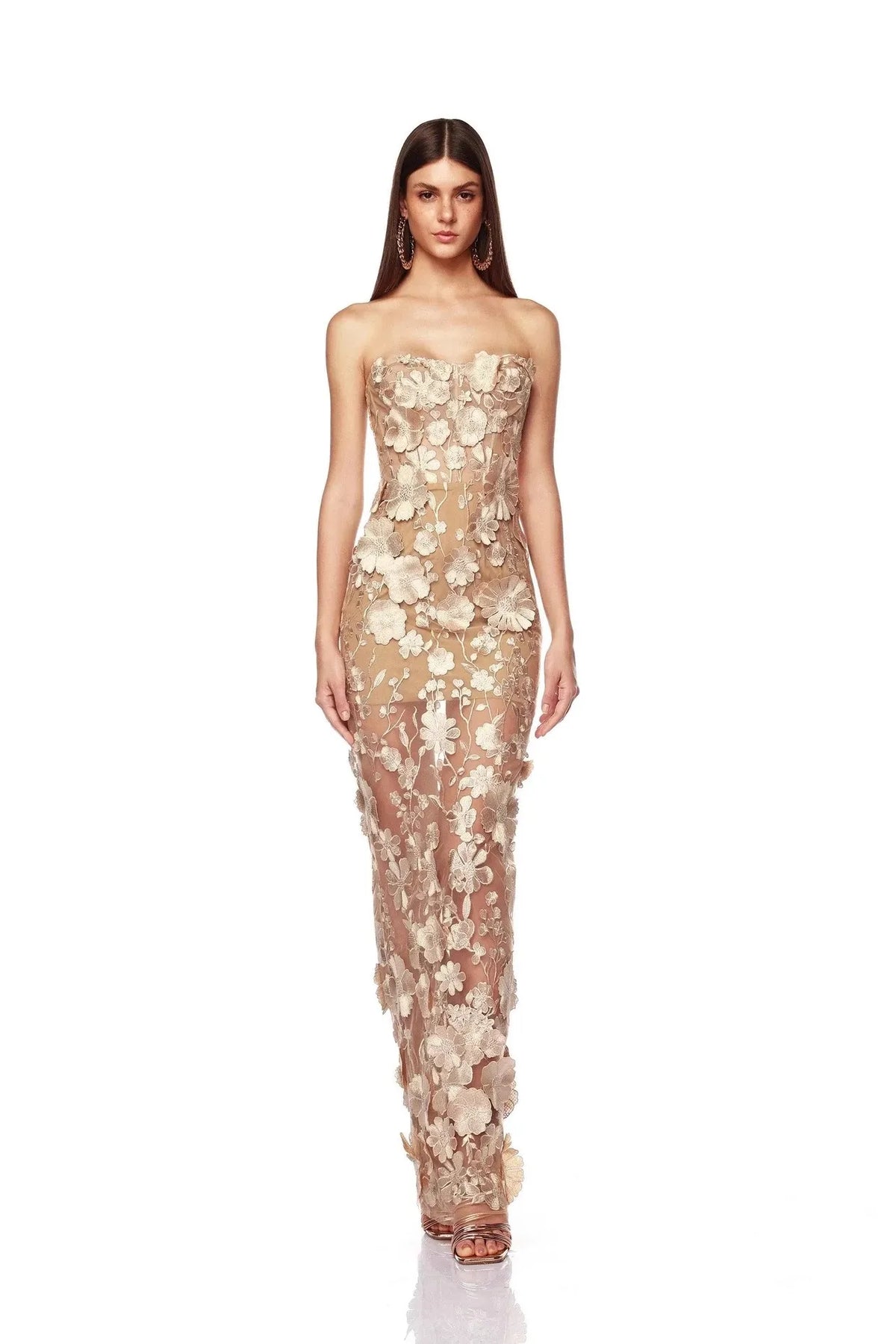 Floral Appliqué Strapless Sweetheart Evening Gown - TrendLux Wear