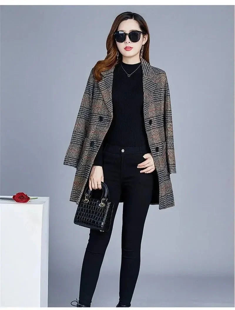 Women's plaid woolen overcoat by TrendLux Wear, classic outerwear with a stylish plaid pattern and cozy wool fabric.